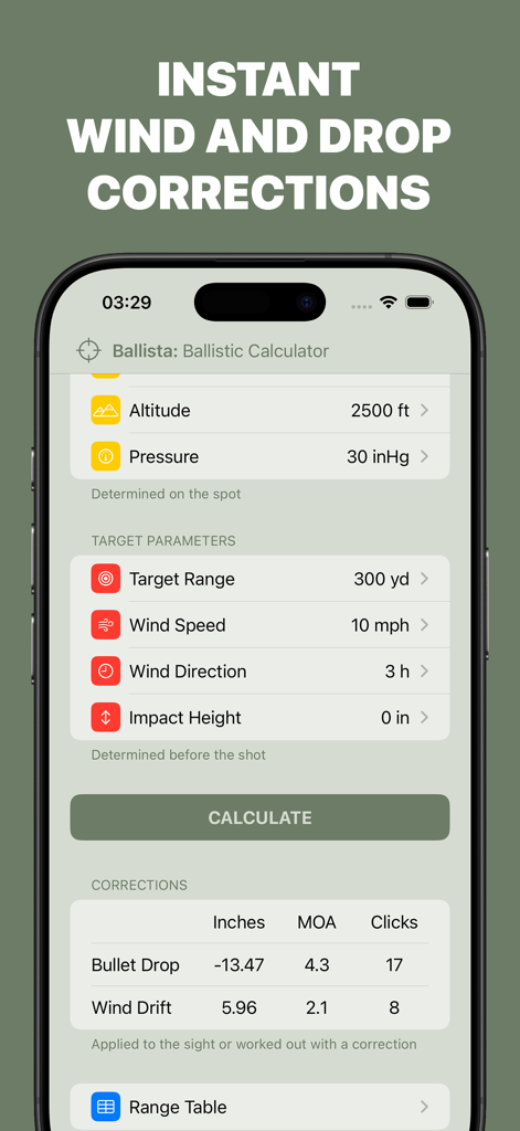 Ballista: Ballistic Calculator - Interfaccia dell'app Ballista che mostra i parametri del bersaglio e le correzioni balistiche per la caduta del proiettile e la deriva del vento.