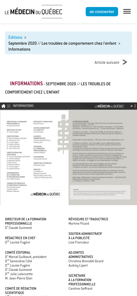 Le Médecin du Québec - Screenshot of the editorial board and information page for the September 2020 issue of Le Medecin du Quebec app.