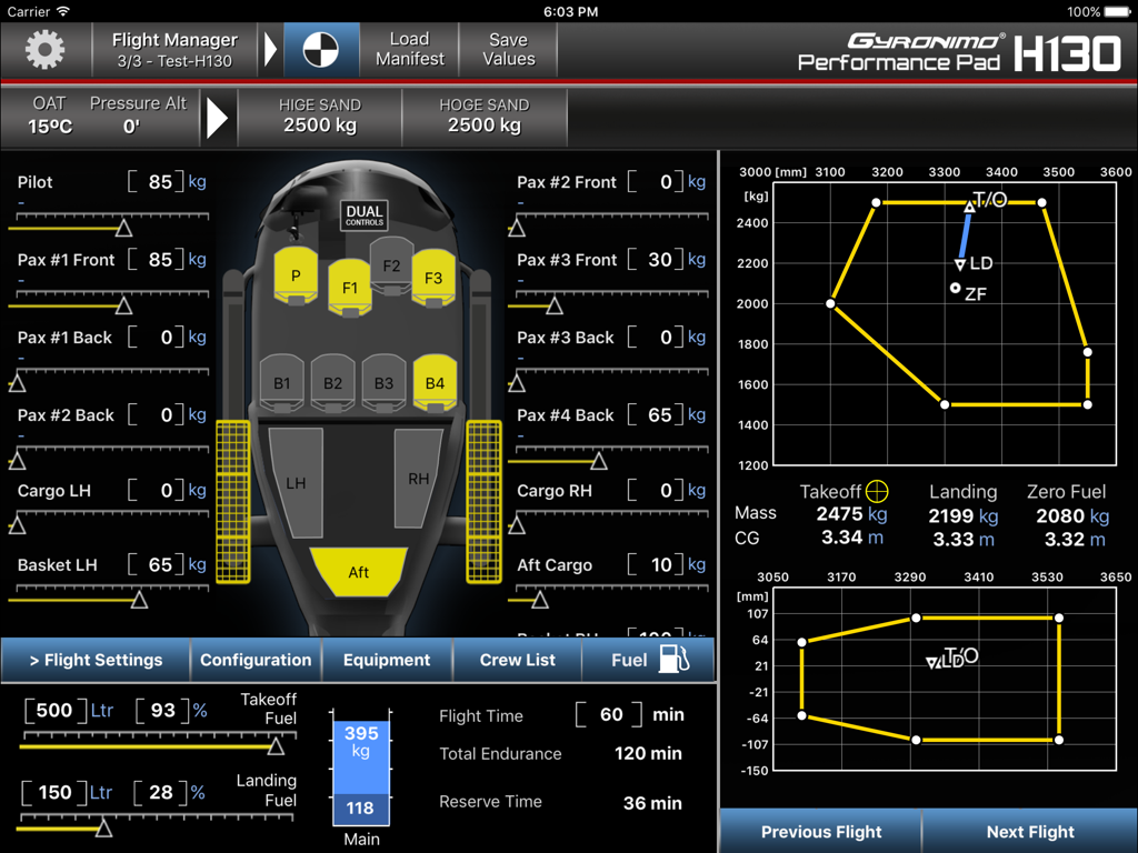 H130 helicopter weight and balance performance calculation screen