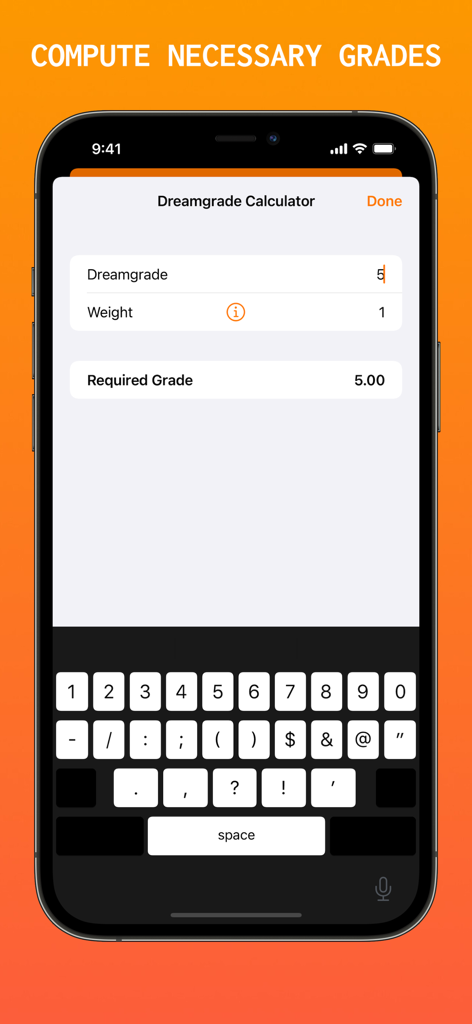 A screenshot of the PlusPoints Grade Calculator app showing the Dreamgrade Calculator feature to compute required grades.