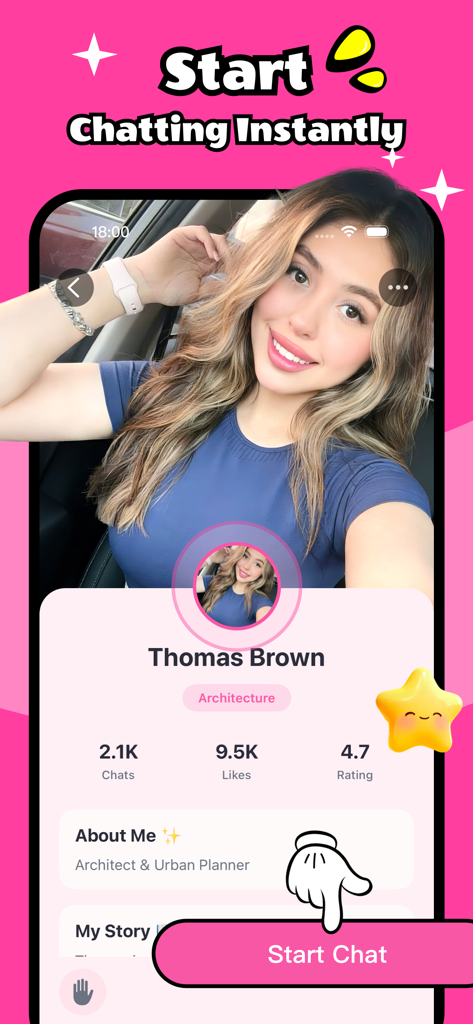 Zylen - Chat - Zylen app interface showing an AI character profile for an architect with a Start Chat button.