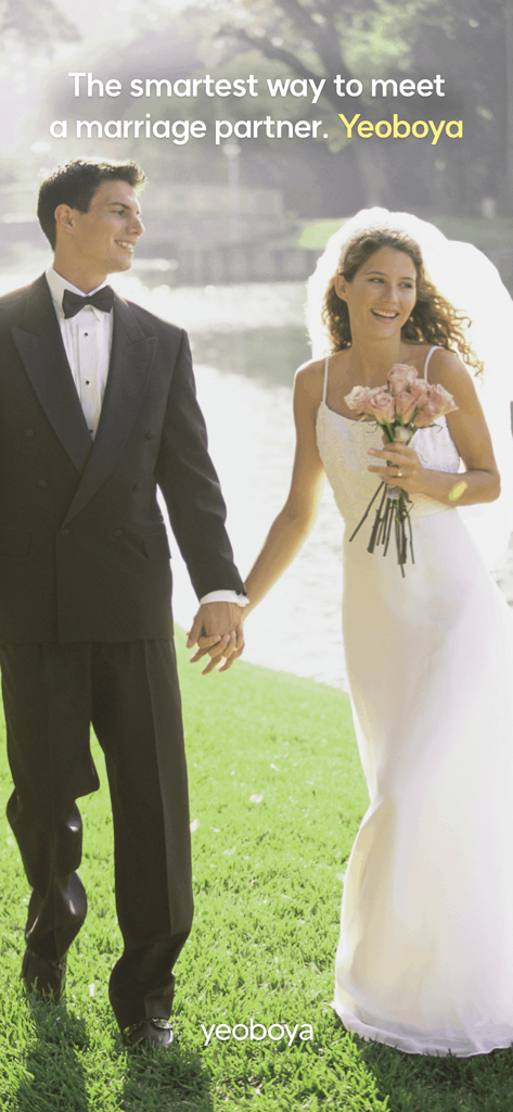A bride and groom holding hands in a park with text stating Yeoboya is the smartest way to meet a marriage partner.