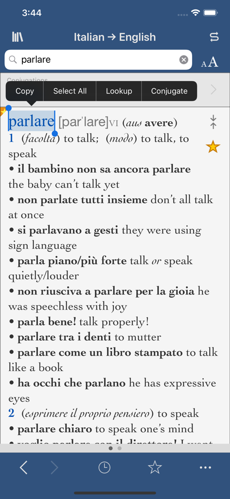 Collins Italian-English dictionary entry for the verb parlare showing translations and usage examples