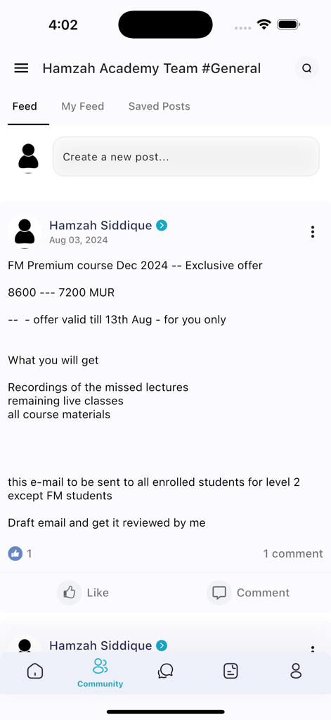 Hamzah Academy - Hamzah Academy app community feed with a course offer post