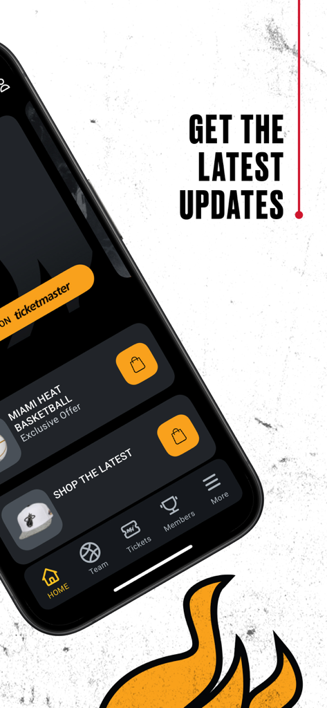 Miami HEAT Mobile app home screen showing latest updates and merchandise shop