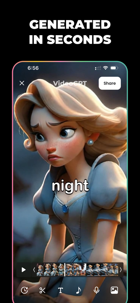 Smartphone screen showing VideoGPT app interface with a Pixar style AI generated animation of a girl