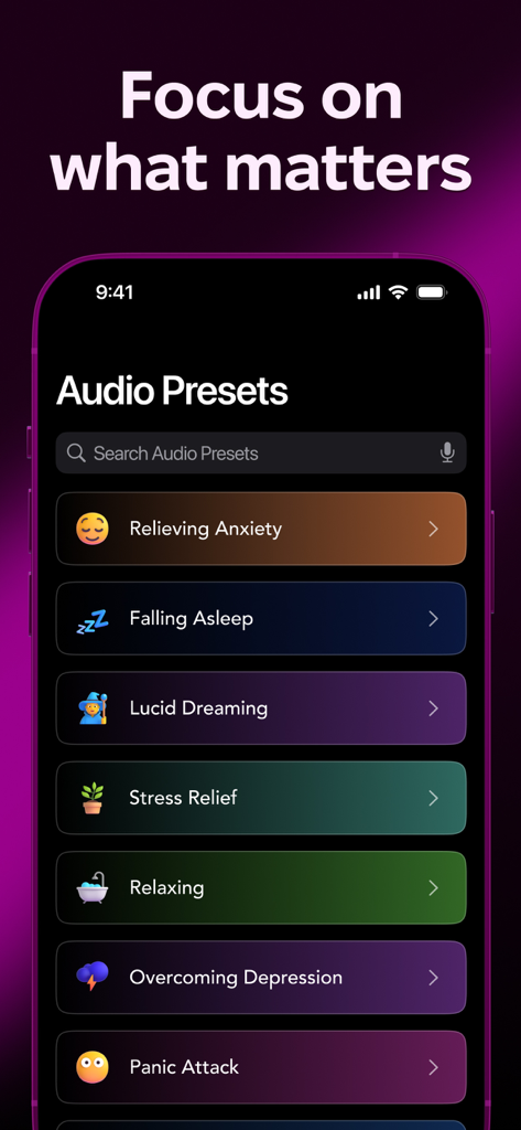 Mesmerize - Visual Meditation - Mesmerize app interface showing a list of audio presets for anxiety sleep stress relief and focus