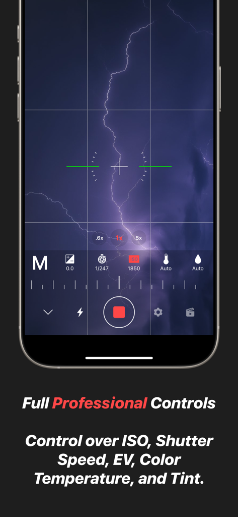Slogger: Pro Slow Motion - Slogger app interface showing professional manual camera controls for ISO shutter speed and white balance