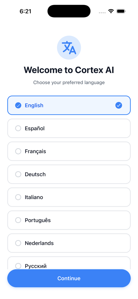 Tela de boas-vindas do aplicativo Cortex AI mostrando a interface de seleção de idioma com o inglês selecionado