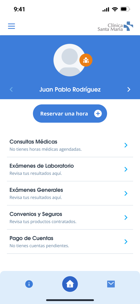 Panel principal de la aplicación de Clínica Santa María que muestra las secciones de citas médicas y resultados de laboratorio