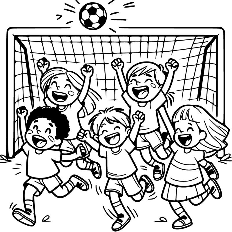 children group of players celebrating a goal together.