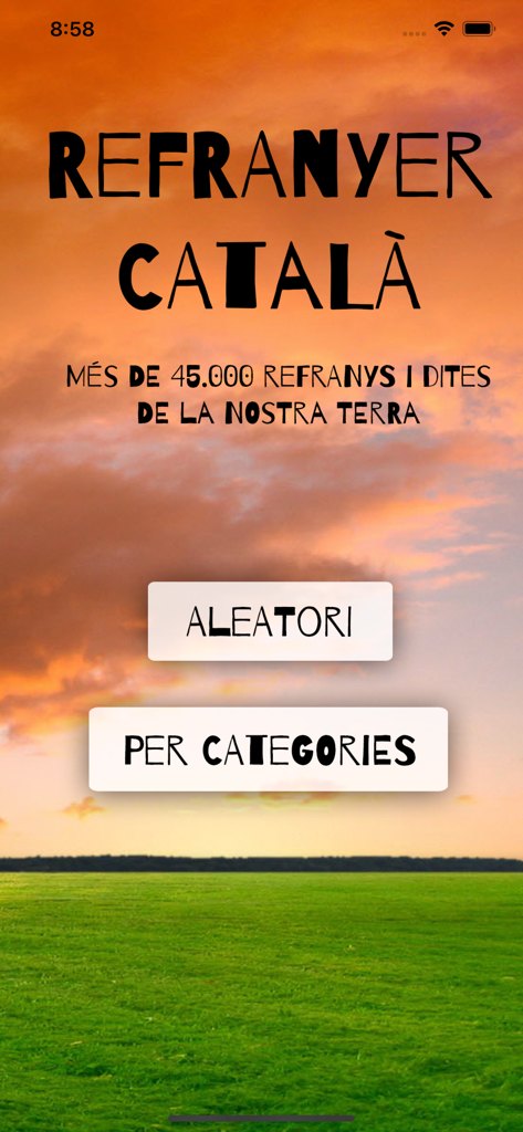 Menú principal de la aplicación Refranyer Català con botones para refranes aleatorios y selección de categoría sobre un fondo de paisaje de atardecer.
