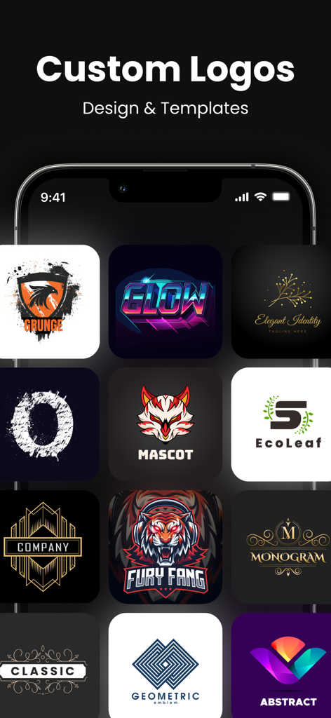 AI Logo Maker & Design Studio - Una colección de diversas plantillas de diseño de logos mostradas en la pantalla de un smartphone