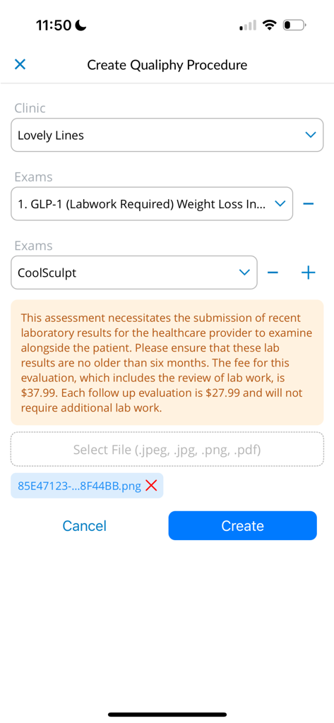 App interface for creating a medical procedure with lab result upload in Aesthetic Record EMR