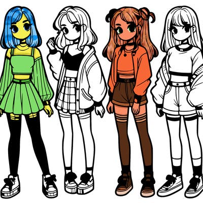 one girl with crop-top shirt and a jacket with a skirt, long socks and another girl with a shirt and pants with a jacket