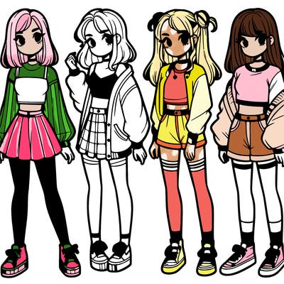 one girl with crop-top shirt and a jacket with a skirt, long socks and another girl with a shirt and pants with a jacket