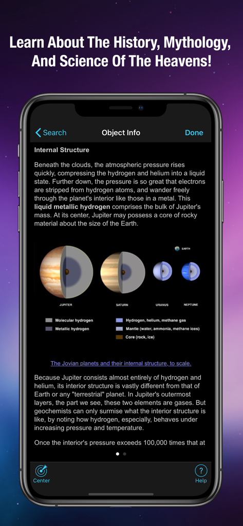 SkySafari 6 Pro - Educational screen in SkySafari 6 Pro showing the internal structure and cross-section diagrams of Jovian planets including Jupiter and Saturn