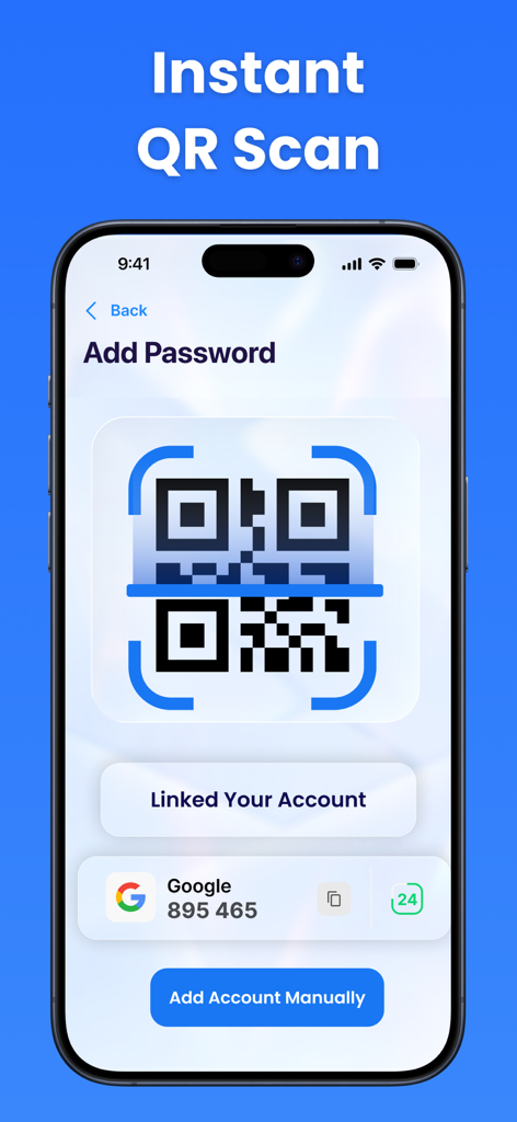 Two Factor Authentication App・ - 新しいアカウントを追加するためのインスタントQRコードスキャン用の認証アプリインターフェース。