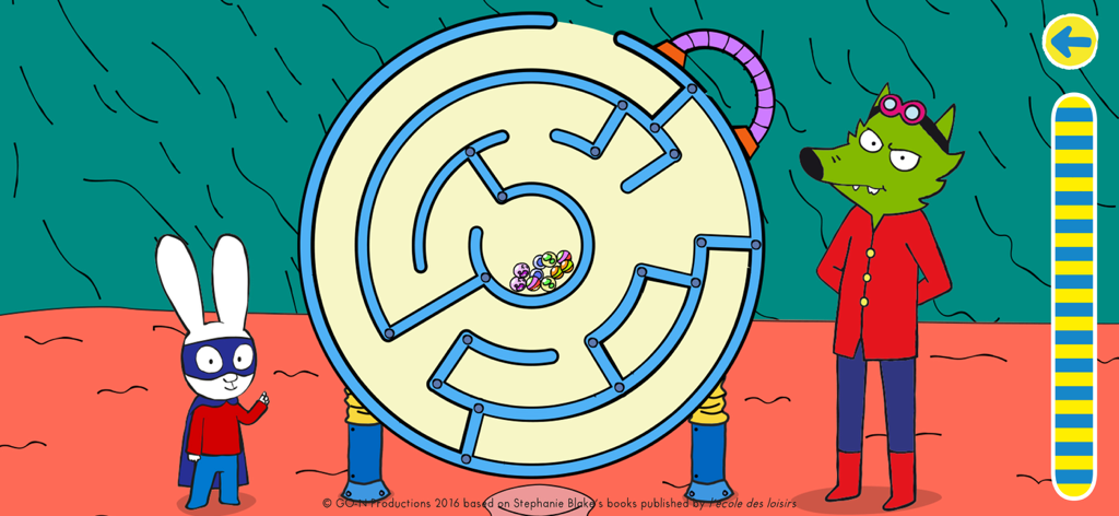 Simon Super Rabbit Vs Pr. Wolf - サイモン・スーパーラビットとウルフィー先生が円形のビー玉迷路チャレンジの隣に立っている様子