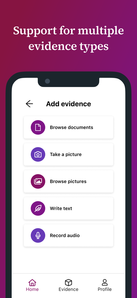 Portflow - Portflow mobile app interface showing a list of evidence capture options including documents, photos, text, and audio recordings