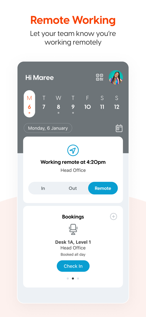 SwipedOn Pocket app screen showing remote working status and desk booking details