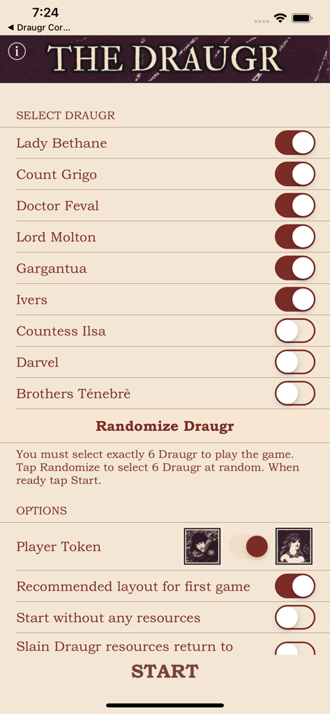 The Draugr - Setup screen for The Draugr game with a list of characters to select and player options