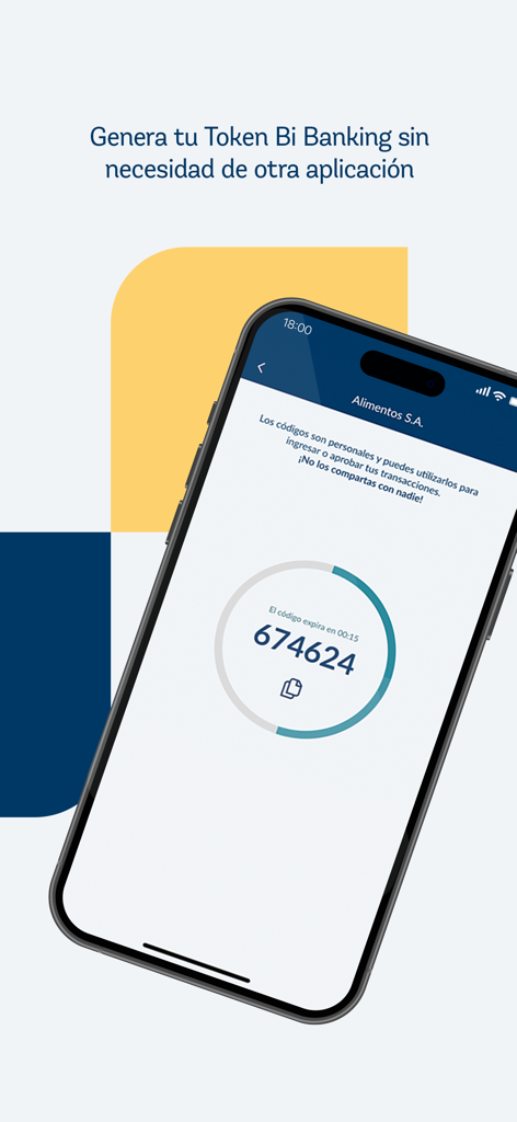 Bi Banking - Pantalla de smartphone con un código token de seguridad de 6 dígitos dentro de la aplicación Bi Banking para la autorización segura de transacciones empresariales.