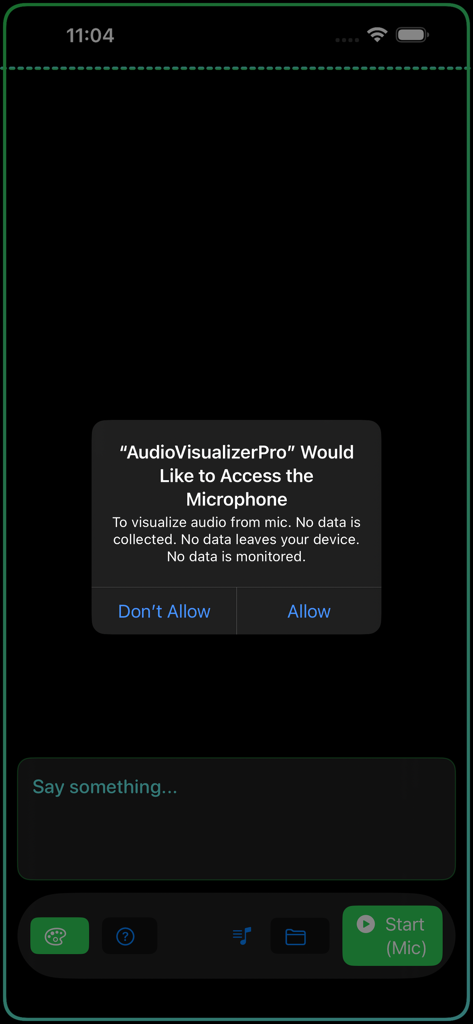 Live Audio & Music Visualizer - Ventana emergente de permiso de acceso al micrófono con un mensaje claro de garantía de privacidad que indica que no se recopilan ni se extraen datos del dispositivo.