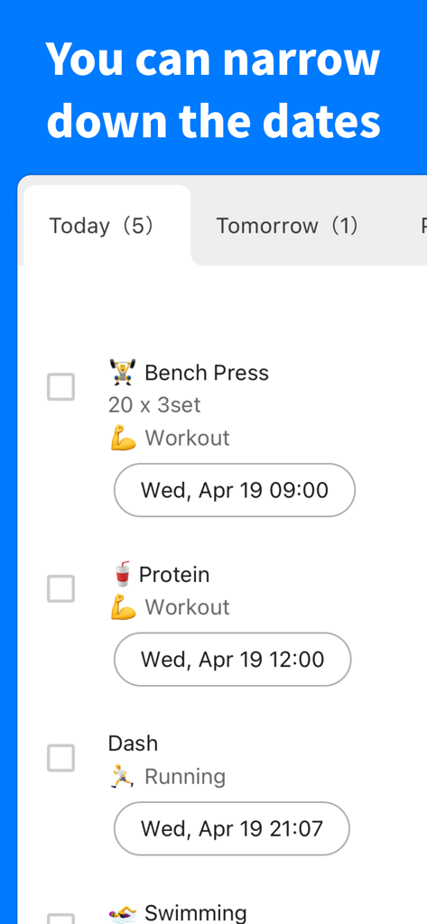 Captura de pantalla de la aplicación ToDo for Google que muestra tareas filtradas por fechas con pestañas Hoy y Mañana