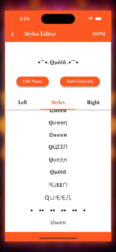 Name Style : Nickname Creator - Tela do Editor de Estilos mostrando opções de fontes extravagantes e símbolos para um apelido personalizado.