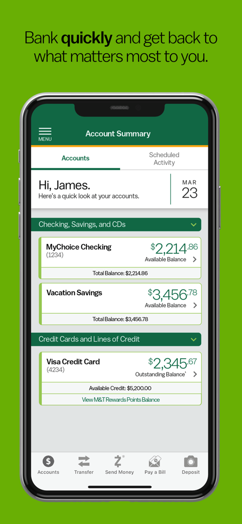 M&T Mobile Banking - MT Mobile Banking App-Kontoübersichtsanzeige mit Guthaben auf Giro- und Sparkonten