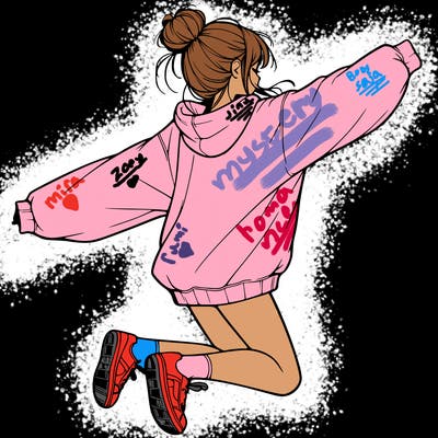 realistic girl jumping with a bun and oversized sweatshirt