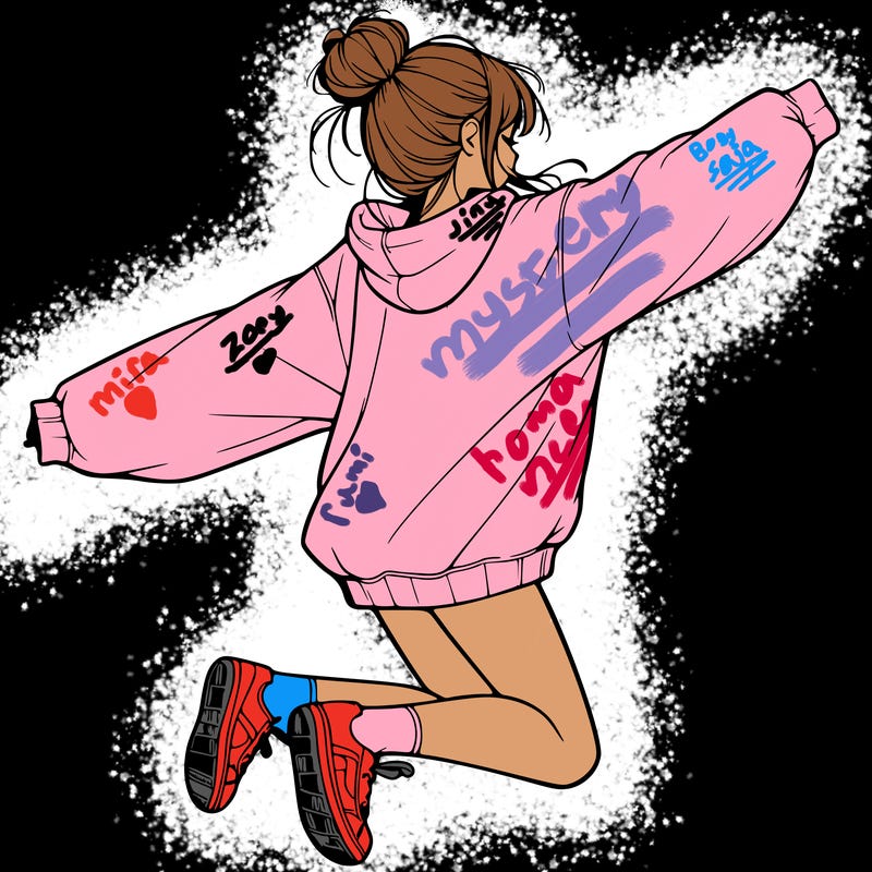 realistic girl jumping with a bun and oversized sweatshirt