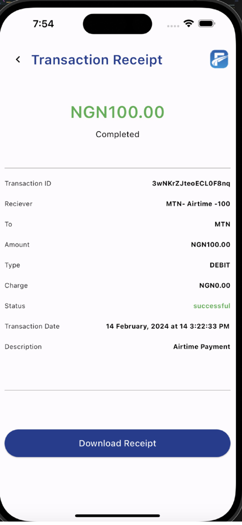 FastPay App - FastPay App Transaktionsbeleg, der eine erfolgreiche Aufladung von 100 NGN zeigt