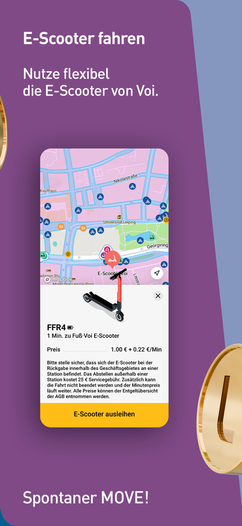 LeipzigMOVE mobile App-Oberfläche, die eine Voi E-Scooter-Mietkarte und Preisdetails anzeigt