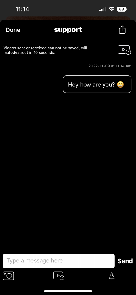 Chat interface in the Cruising gay dating app showing private messaging and self destructing video options