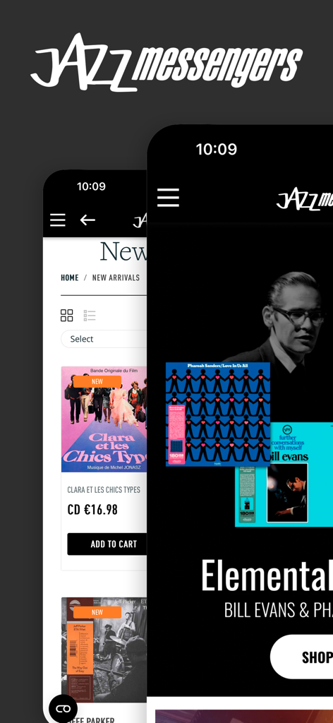 Capturas de pantalla de la aplicación Jazz Messengers que muestran una colección de vinilos y CDs de jazz
