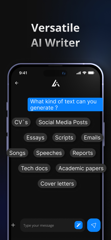 AI Chat on - My Assistant Pro - A mobile app interface displaying various text generation options like CVs, essays, and emails for an AI writing assistant.