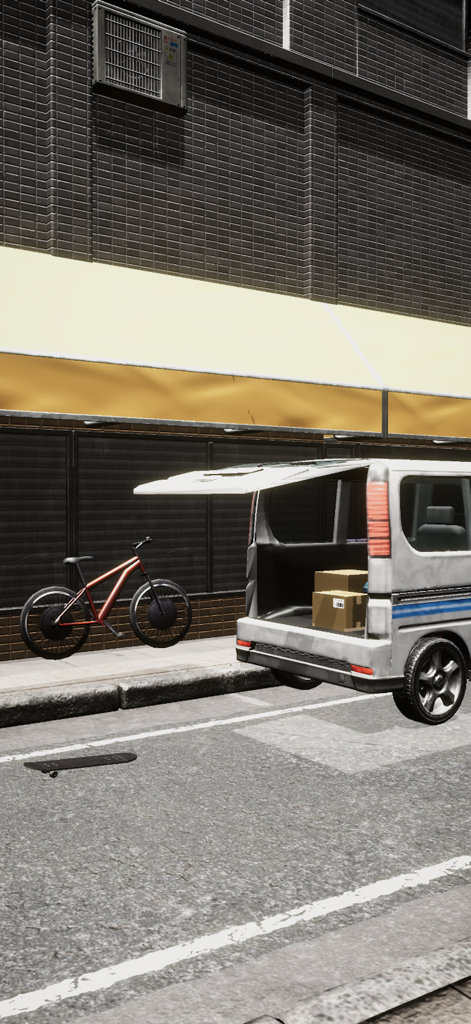 Want to Deliver the Luggage - Uma van de entrega com o porta-malas aberto e pacotes dentro, estacionada em uma rua da cidade.