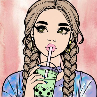 realistic girl with braided hair drinking boba