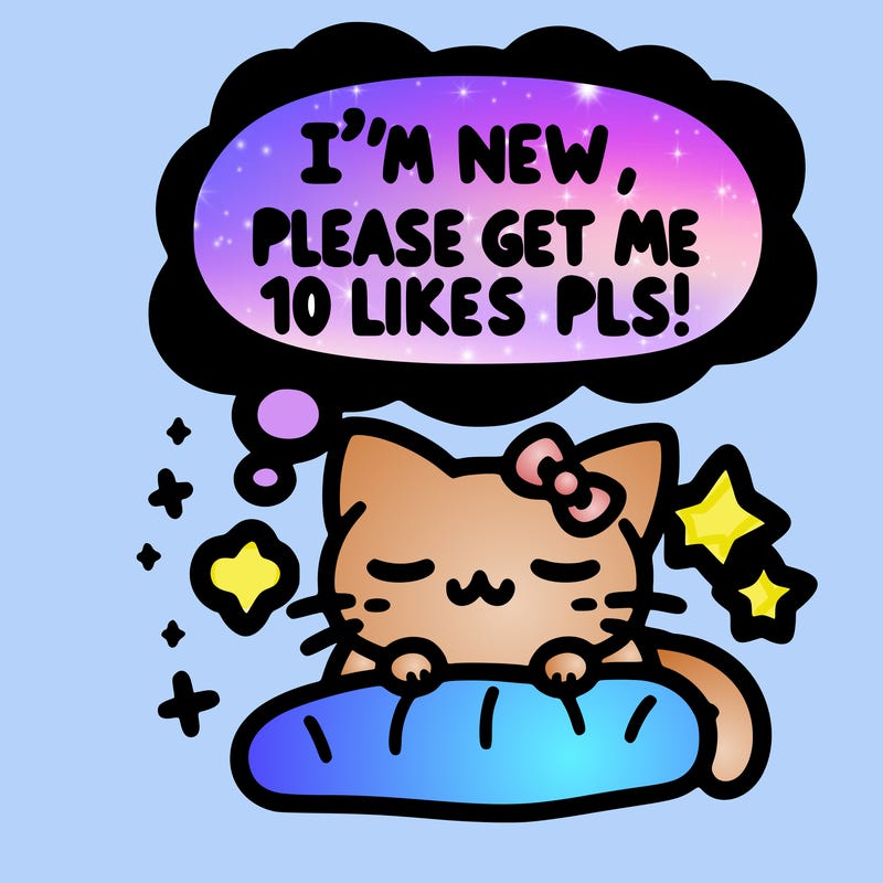kitty taking a nap dream talking and saying "i'm new, please get me at least 10 likes pls!!"