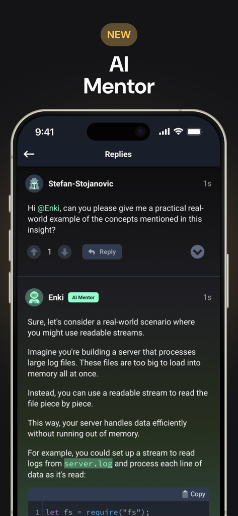 A screenshot of the Enki app showing the AI Mentor feature providing a real-world coding example for readable streams.