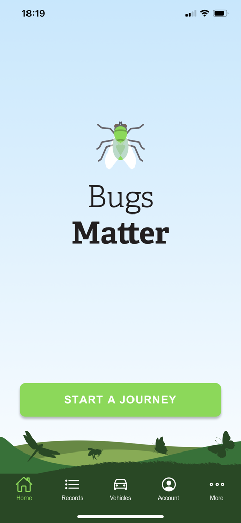 Bugs Matter - Bugs Matter app home screen featuring a fly icon and a green Start a Journey button