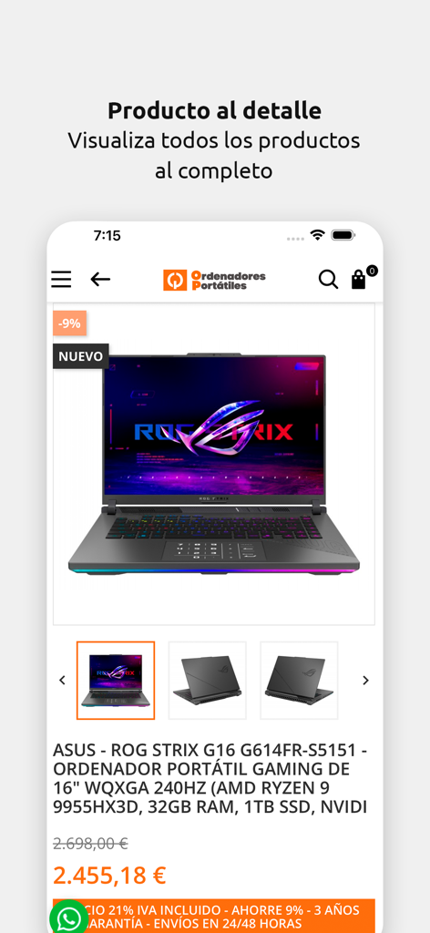 Ordenadores Portátiles - Detalhes do produto para um portátil gaming ASUS ROG STRIX G16 na app de compras Ordenadores Portatiles