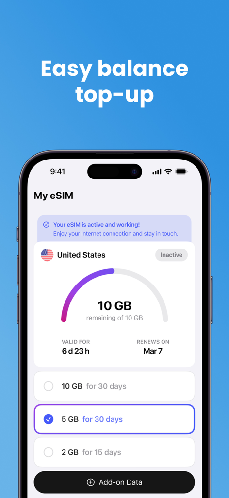 Interface of the eSim app showing data balance monitoring and available top-up plans for the United States