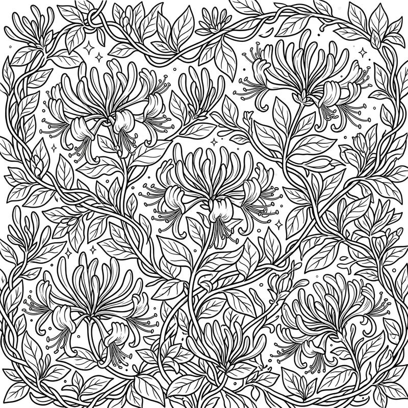 Immerse yourself in the beauty of nature with this intricate wild honeysuckle coloring page designed especially for teens. Explore detailed vines, lush leaves, and delicate trumpet flowers, perfect for a relaxing and creative coloring session.