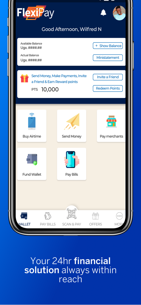 FlexiPay Uganda - FlexiPay Uganda mobile app dashboard showing financial services like send money, pay bills, and merchant payments with a rewards points section.
