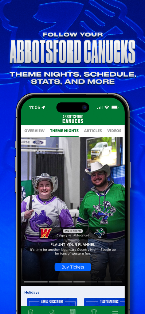 Canucks - Official Canucks app interface showcasing Abbotsford Canucks theme nights and game schedules