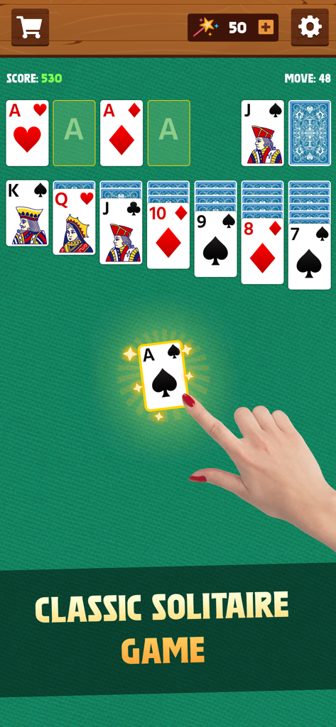 Classic Klondike Solitaire card game being played on a mobile device with a green felt background