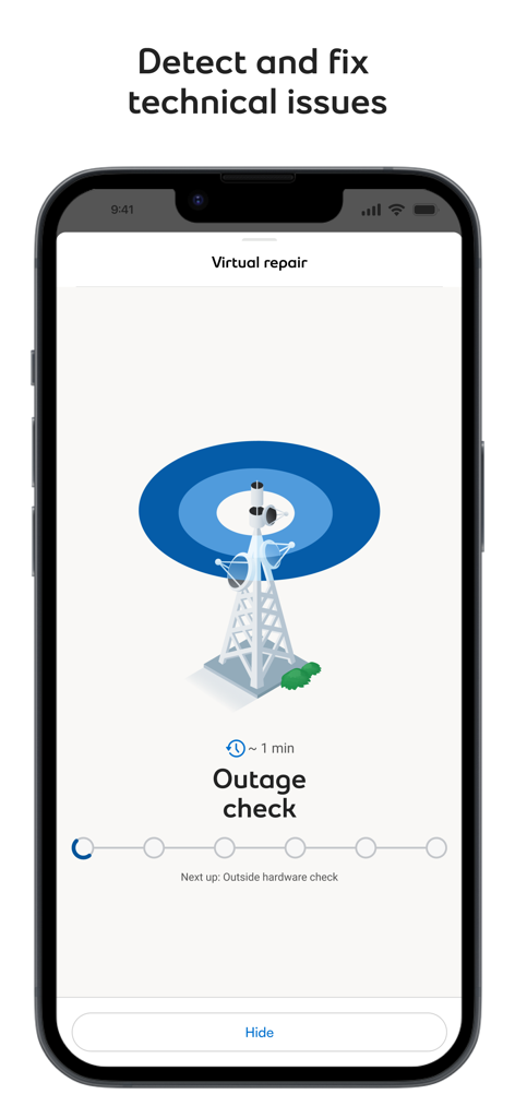 L'interface de réparation virtuelle de l'application MyBell effectue une vérification de panne avec une barre de progression et une illustration de tour de signal.